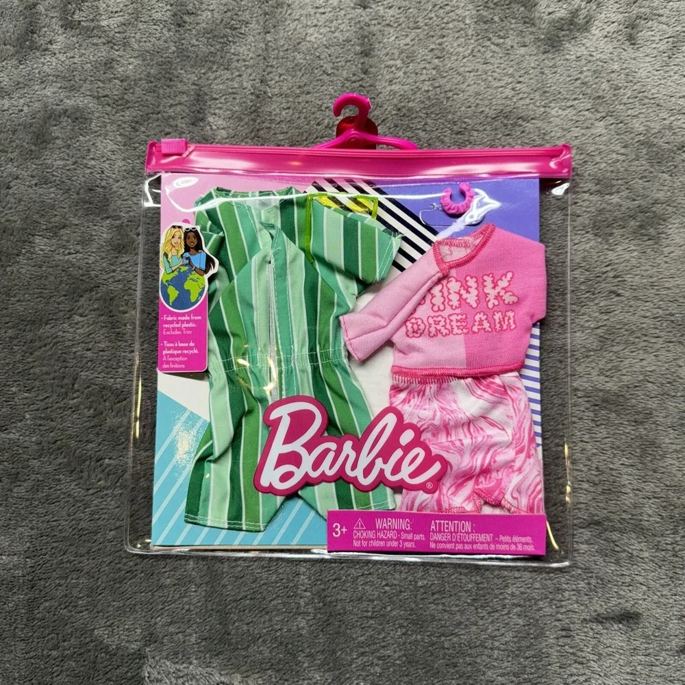 Barbie Fashions Pink Dream T-shirt Skirt w/Bracelet Green Romper Outfit‎ New!
